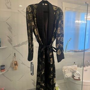 Luxurious Black Satin Robe with Gold Moon Print - Women